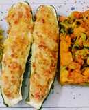 Calabacín relleno de batata, salteado de arroz con arándanos y salteado vegetal con anís