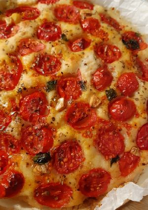 A picture of Focaccia with Cherry Tomatoes.
