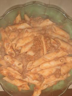 A picture of Tomato sauce and minced meat pasta.