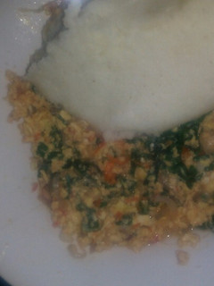 A picture of Fried eggs with ugali.