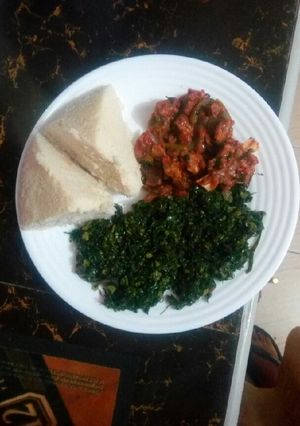 A picture of Beef fry and ugali spinach #authormarathon.