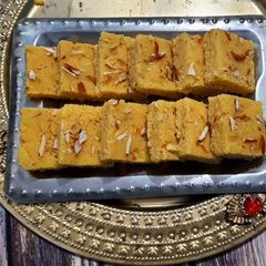 A picture of Kesari Suji Burfee.
