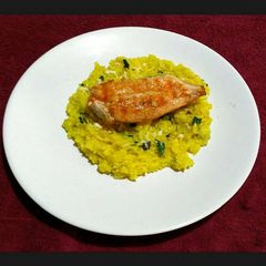 A picture of Rissoto and Pan Grilled chicken.