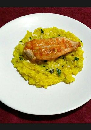 A picture of Rissoto and Pan Grilled chicken.