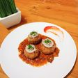Cheese Balls with Enoki & Sardines Sauce