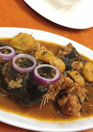 A picture of Catfish and plantain peppersoup.
