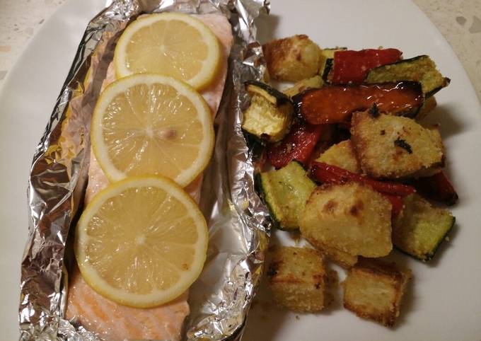 Garlic roasted veg with oven baked salmon