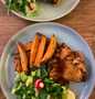 Easy Steps to Make Recipe Sticky bbq chicken thighs served with sweet potato chips and a crisp lemon salad that is Can Pamper Your Tongue, Can Spoil the Tongue}