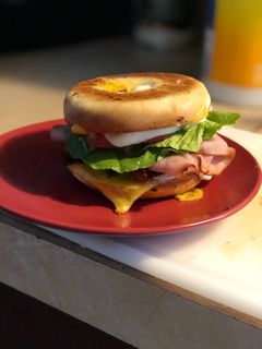 A picture of Roasted Bagel: stacked sandwich.