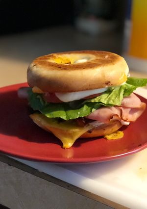 A picture of Roasted Bagel: stacked sandwich.