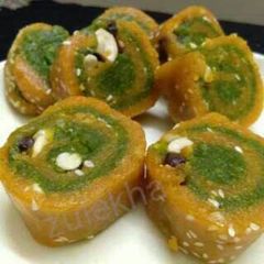 A picture of Split chickpea pistachio mawa sweet rolls.