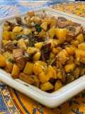 Veal Skillet with Potatoes, Green Bell Pepper, and Purple Garlic