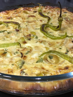 A picture of Crustless Leek Quiche with blue cheese and chillies.