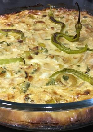 A picture of Crustless Leek Quiche with blue cheese and chillies.