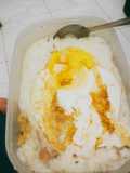 Bubur sosis + telur setengah mateng