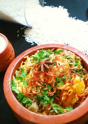 A picture of Kolhapuri chicken biryani.