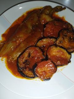 A picture of Sountroumous (Fried Eggplants & Peppers with Tomato Sauce).