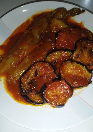 A picture of Sountroumous (Fried Eggplants & Peppers with Tomato Sauce).