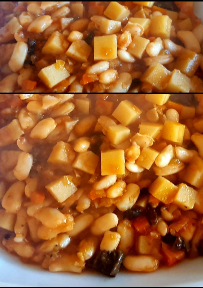 Una foto de Guiso de porotos y hongos shiitake. #másconmenos