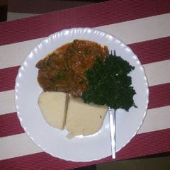 Liver, greens and ugali A picture of Liver, greens and ugali.