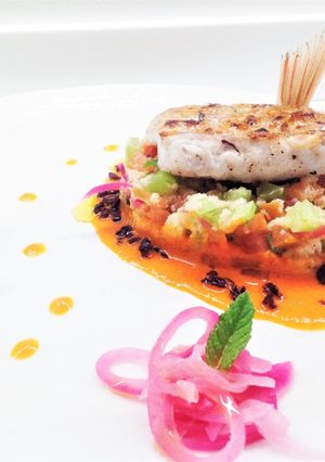 A picture of Red Snapper with Panzanella, Red Snapper Sashimi Meatballs, and Acqua Pazza.