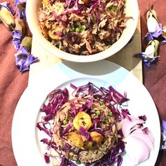 A picture of Purple cabbage and shrimp fried rice.
