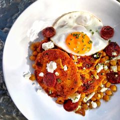 A picture of Spiced Breaded Puffball Mushroom With Chickpeas, Chorizo & Feta.