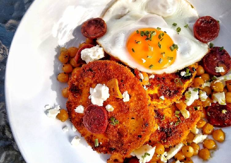 Spiced Breaded Puffball Mushroom With Chickpeas, Chorizo &amp; Feta