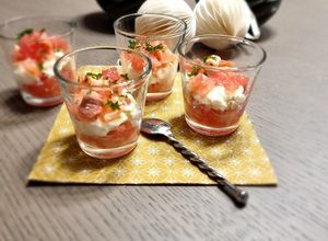 Une photo de °Verrines saumon pamplemousse et crevette°