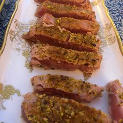 Tuna steak with pistachio crust A picture of Tuna steak with pistachio crust.