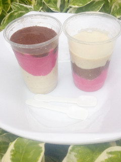 A picture of Banana chocolate and strawberry smoothie.