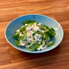 A picture of Orzo pasta with spinach, Broad beans and feta.