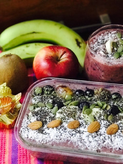 A picture of Blueberries Banana Chia Oats and Dates Smoothie Bowl.