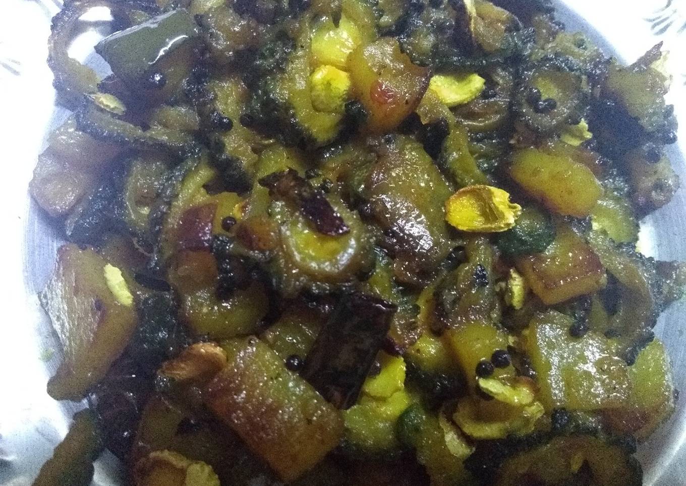 Bitter gourd brinjal potato stir fry
