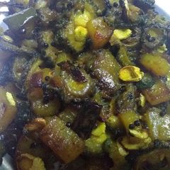 A picture of Bitter gourd brinjal potato stir fry.