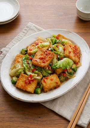 Foto resep Tumis Tahu Pedas Okra & Lettuce