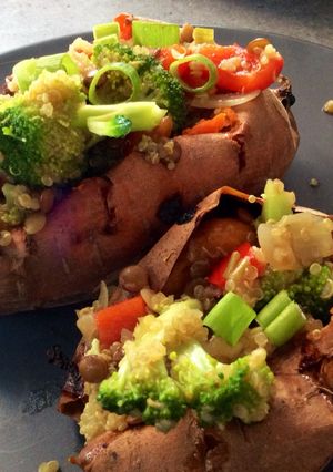 A picture of Quinoa & Red Lentil Stuffed Sweet Potatoes.
