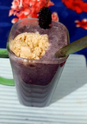 A picture of Mulberry milk shake -fresh and healthy breakfast drink.