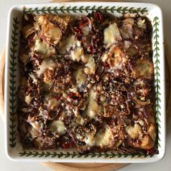 A picture of Serrano Ham, Mushroom, Chili & Gruyère Bread & Butter Pudding.