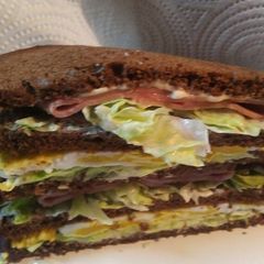 Ham and Eggs on Rye Pumpernickel Bread A picture of Ham and Eggs on Rye Pumpernickel Bread.