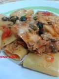Paccheri con Filetti di Spigola, Cieligino, Capperi e Olive Nere