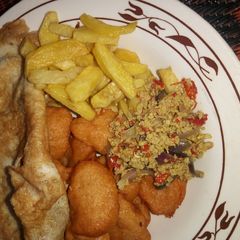 Egg source, chips, akara n fried egg A picture of Egg source, chips, akara n fried egg.