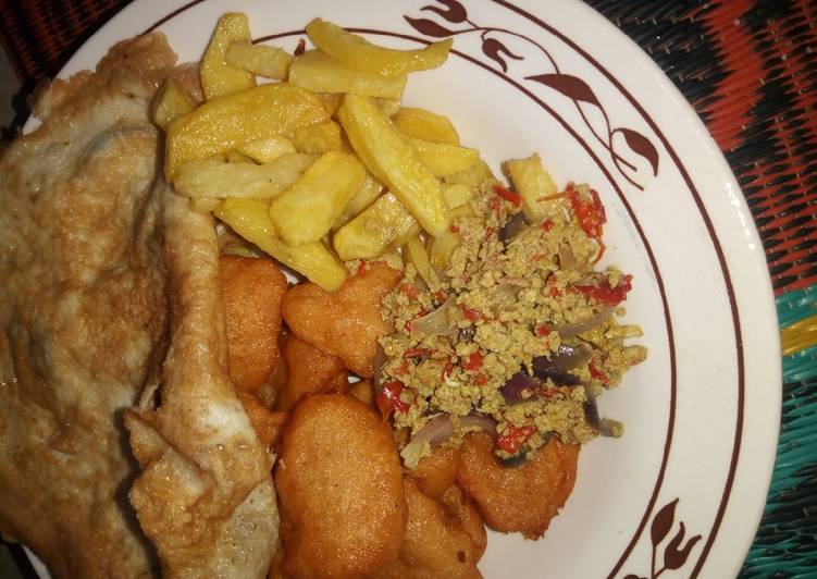 Easiest Way to Prepare Homemade Egg source, chips, akara n fried egg