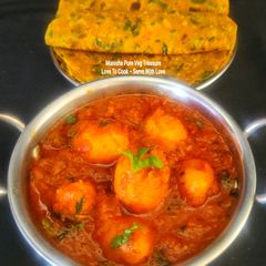 A picture of Lasaniya Batata With Methi Thepla - Spicy Garlicky Potato Curry With Thepla - Gujarati Cuisine.