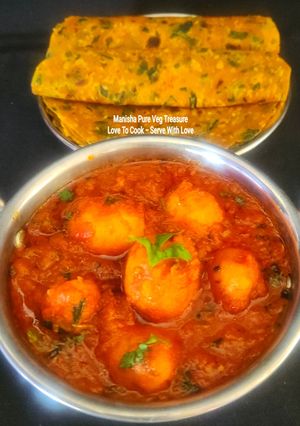 A picture of Lasaniya Batata With Methi Thepla - Spicy Garlicky Potato Curry With Thepla - Gujarati Cuisine.