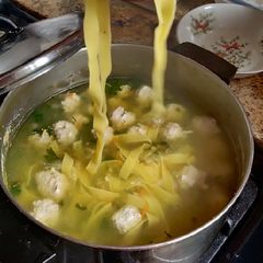 A picture of Baba Soup with turkey meatballs.