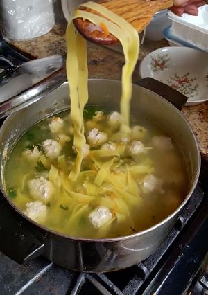 A picture of Baba Soup with turkey meatballs.