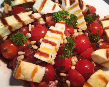 Update, Serving Recipe Grilled Halloumi Tomato  Olive Salad Delicious Simple