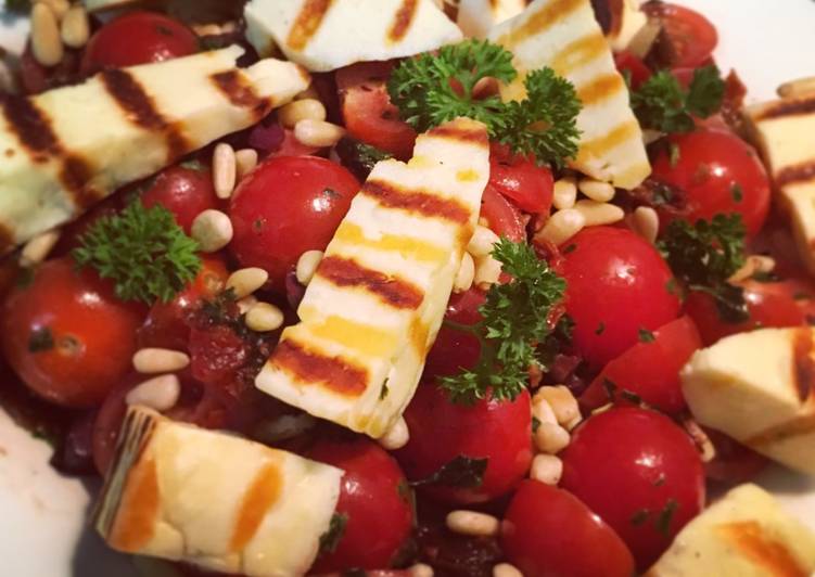 Steps to Make Ultimate Grilled Halloumi, Tomato &amp; Olive Salad