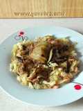 Espaguetis de berenjena con berza y gambas